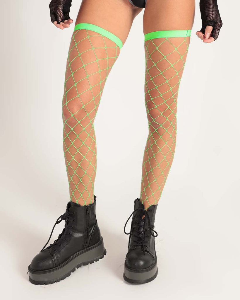 Flirty Fishnet Thigh Highs-Neon Green-One Size