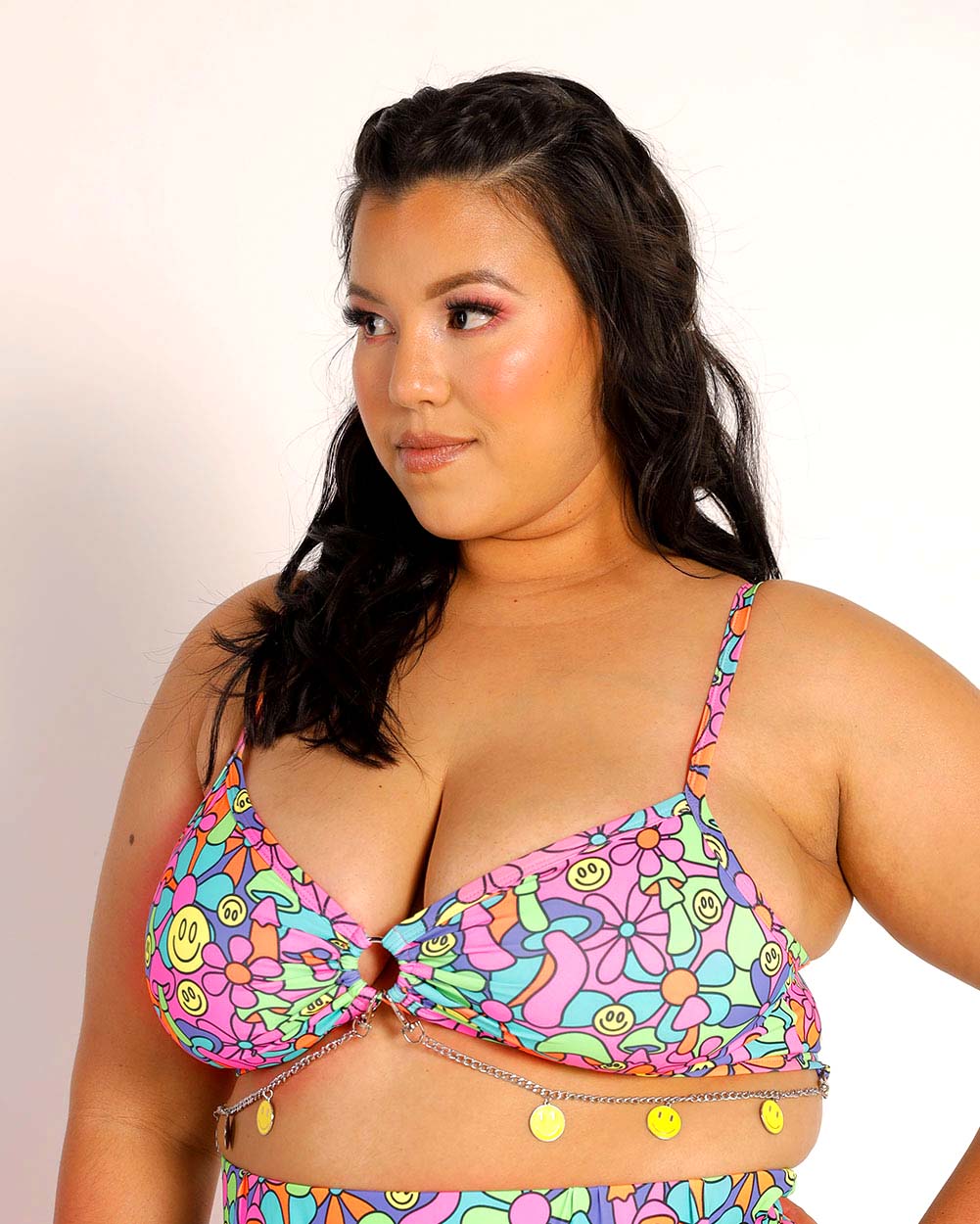 Flower Bomb O-Ring Bra Top-Curve1-Green/Pink/Yellow-Side--Silvia---1X