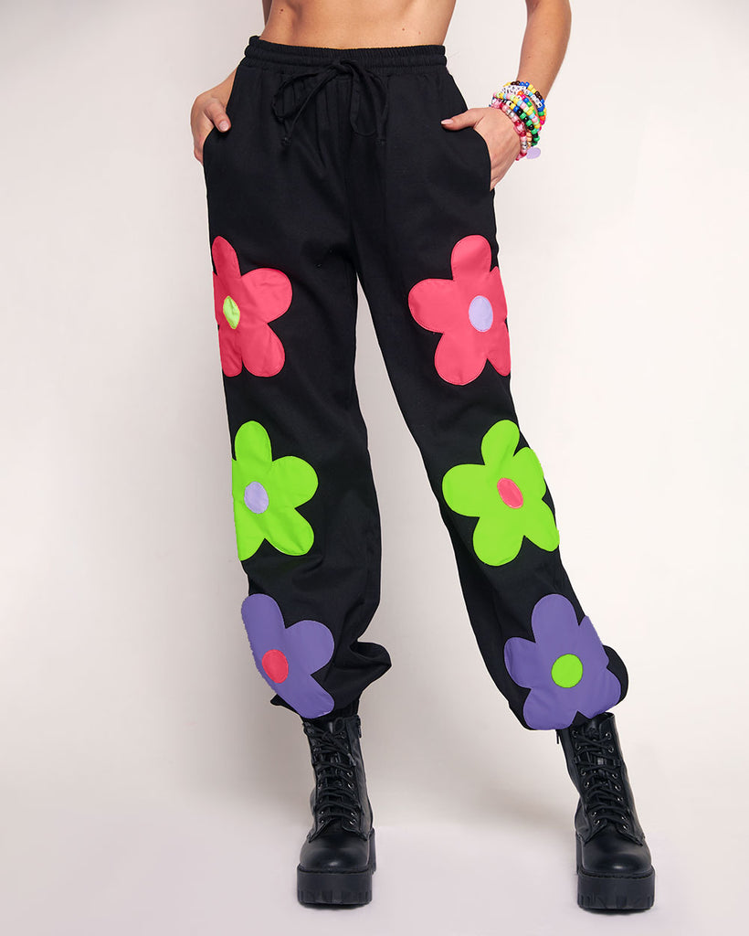 Flower Power Womens Joggers with Daisy Pockets-Baby Pink/Black/Lavender-Regular-Front--Liberty---S