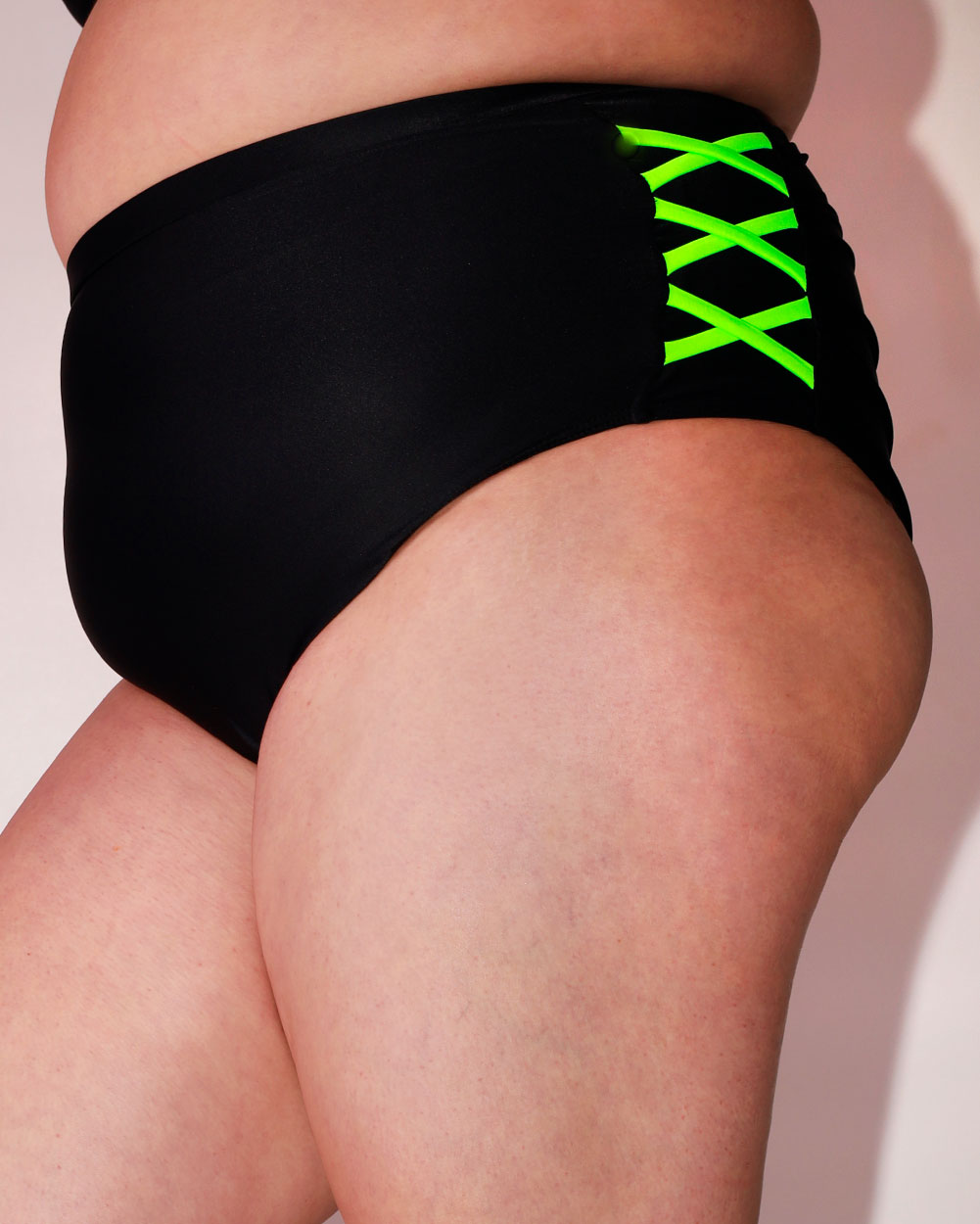 Fluorescent Fantasy Criss Cross Booty Shorts-Curve1-Black/Neon Green-Side--Jasmin---1X