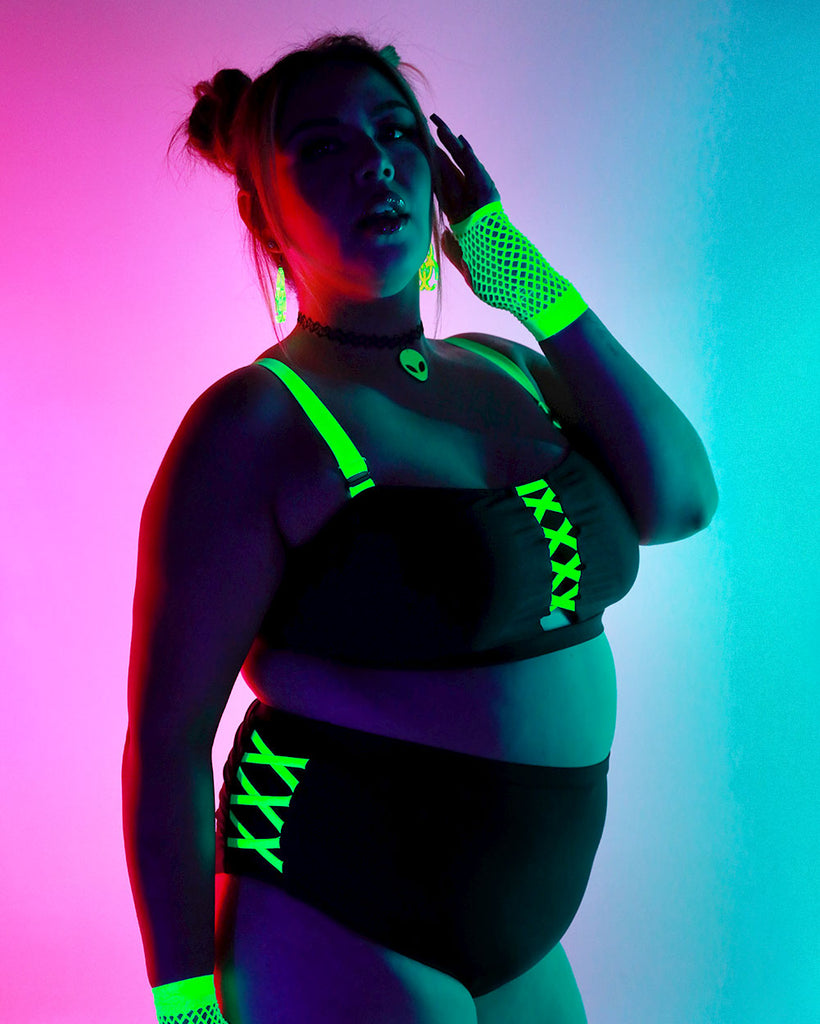 Fluorescent Fantasy Criss Cross Booty Shorts-Curve1-Black/Neon Green-Lifestyle--Jasmin---1X