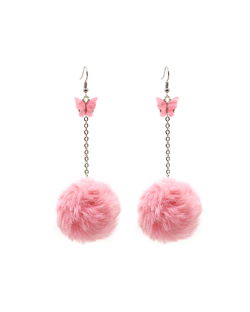 Fly With Me Fluffy Butterfly Earrings-Baby Pink-Front
