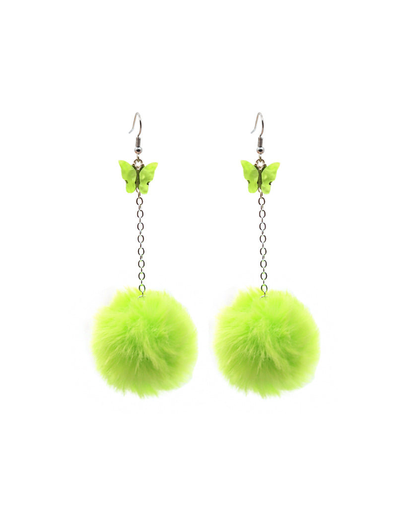 Fly With Me Fluffy Butterfly Earrings-Neon Green-Front