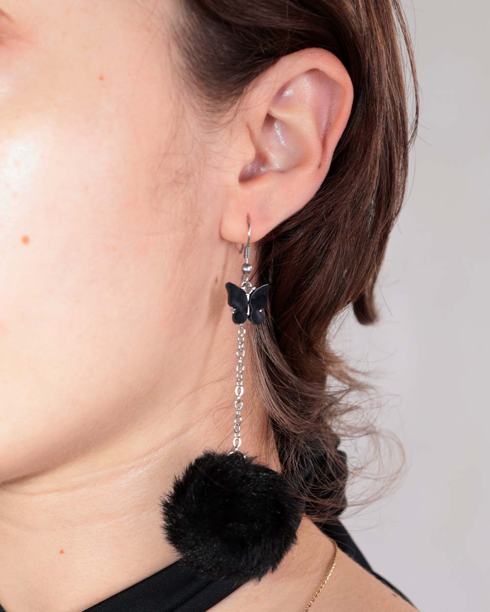 Fly With Me Fluffy Butterfly Earrings-Black-Front
