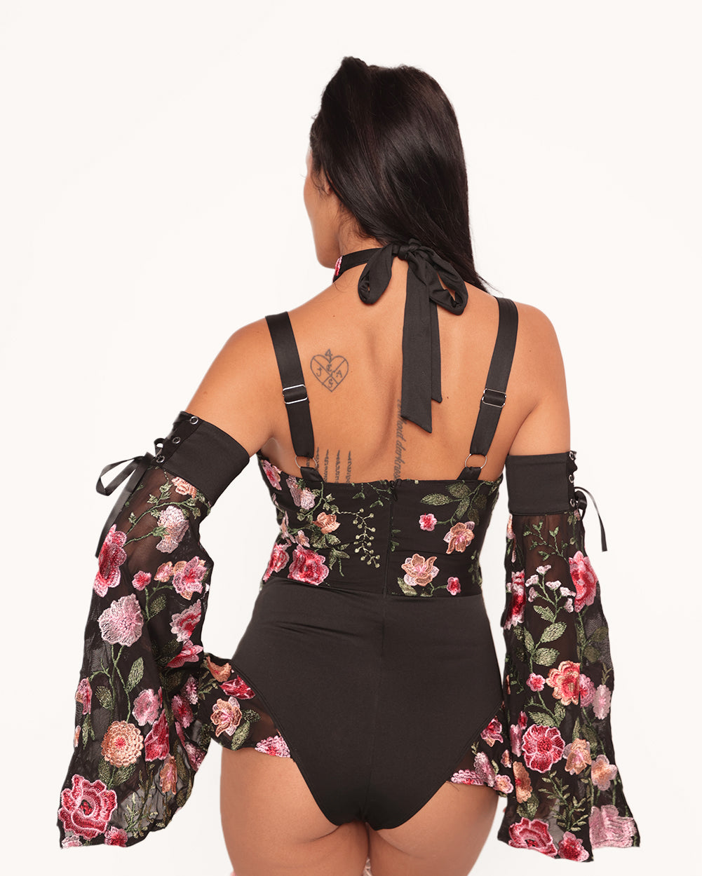 Forest Nymph Stretch Halter Lace Bodysuit Set 2.0 - Black