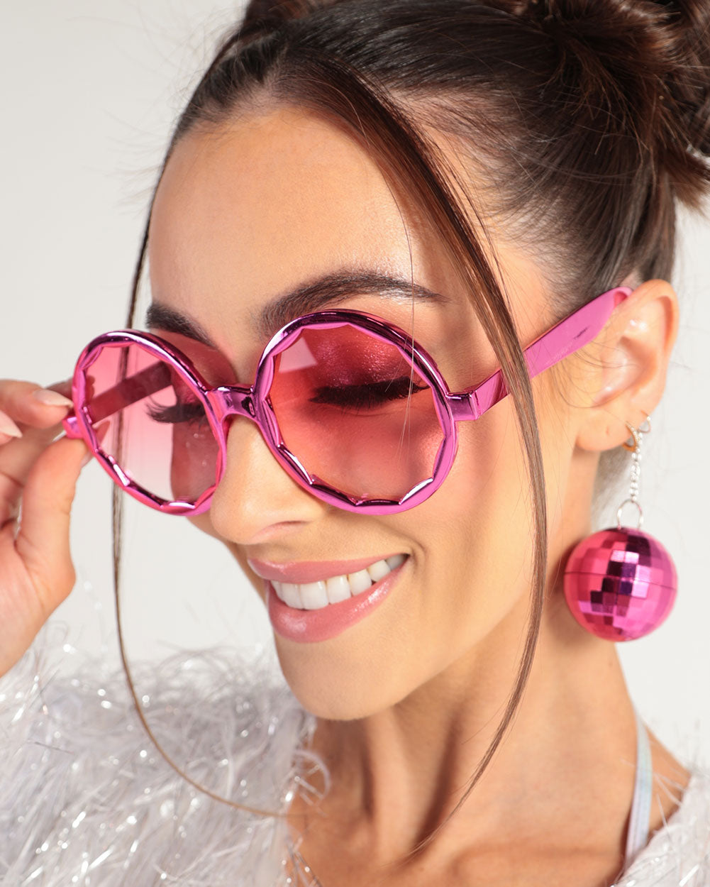 Funky Flash Disco Ball Glasses-Pink-Front