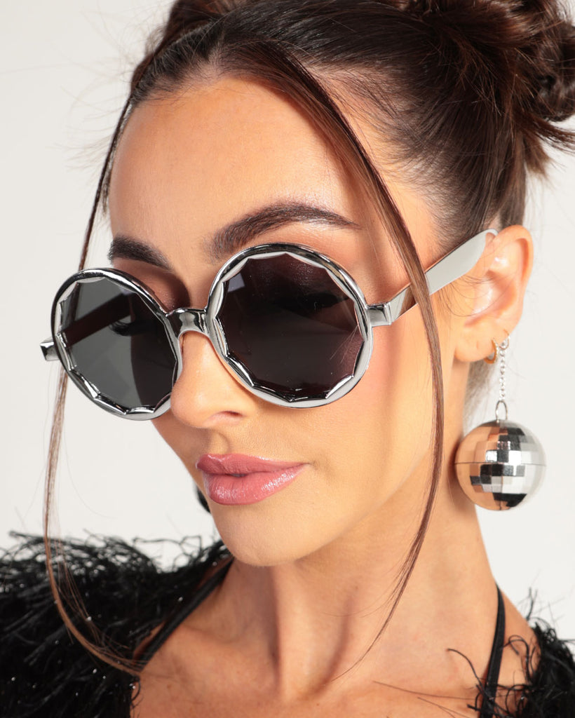 Funky Flash Disco Ball Glasses-Silver-Front
