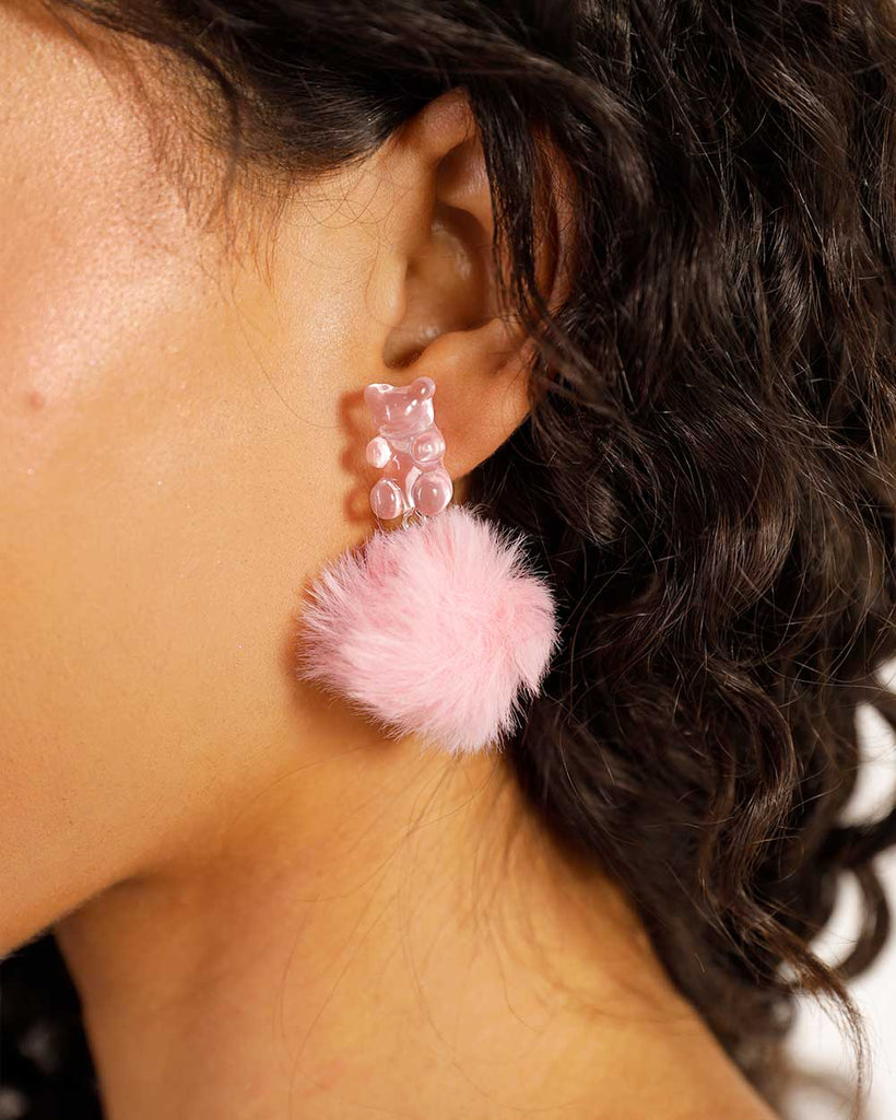 Furry Care Bear Earrings-Baby Pink-Side