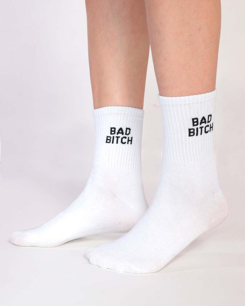 Go Bad B**** Socks-White-Regular-Front--Model---S