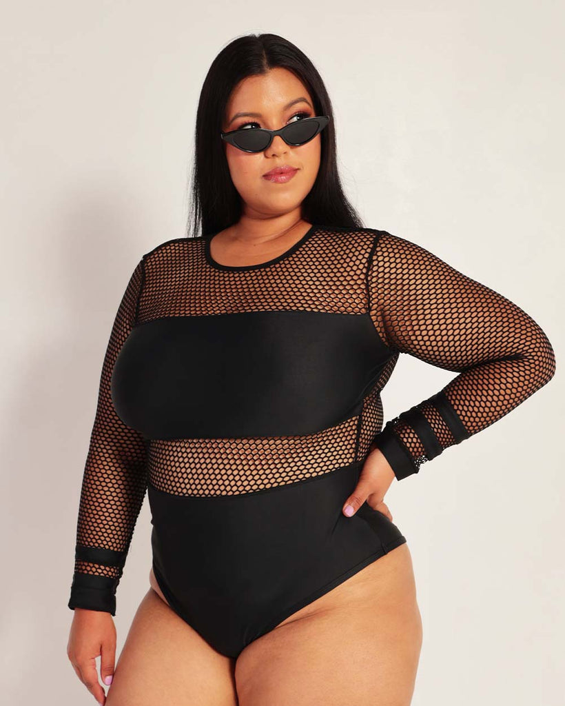 Go Hard Fishnet Long Sleeve Bodysuit-Curve1-Black-Side--Slvia---1X