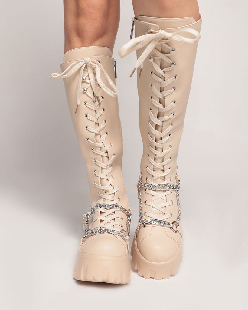 Got No Time Knee-High Chain Boots-White-Regular-Front--Model---7