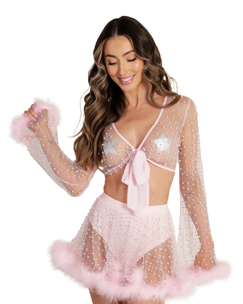 Happy Ever After Marabou Mesh Top-Baby Pink-Front--Hannah---S