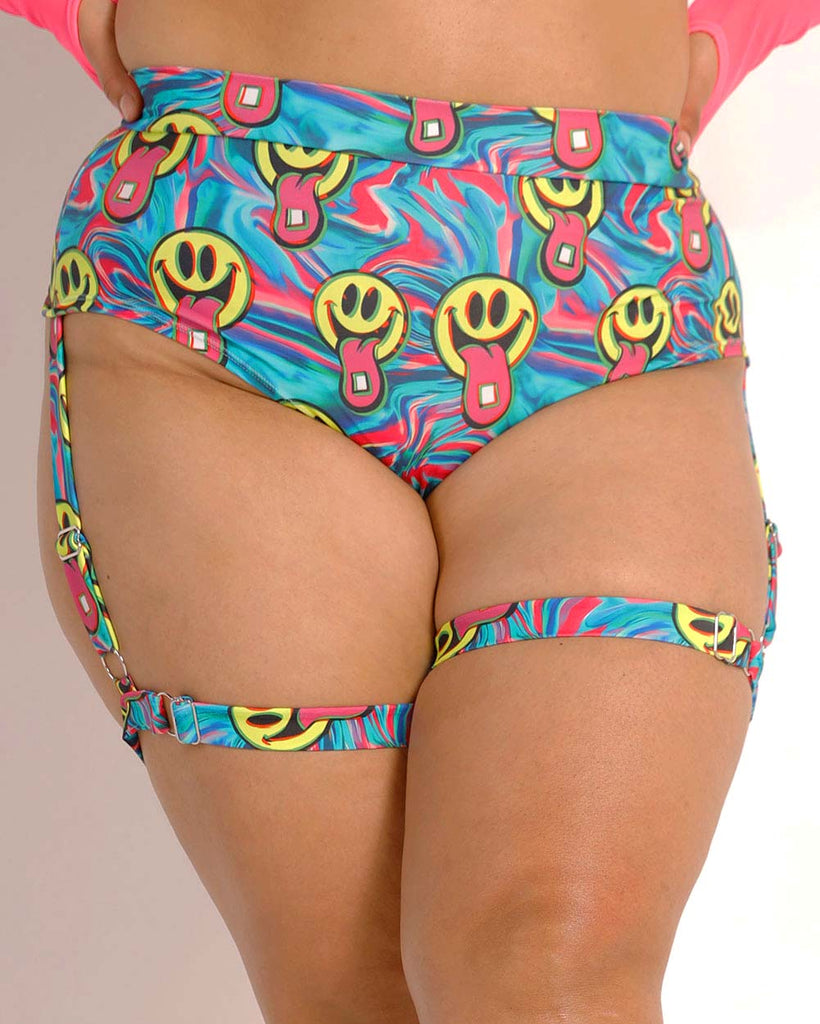 Happy Hour Bottoms with Leg Harness-Curve1-Blue/Pink/Yellow-Front--Silvia---1X