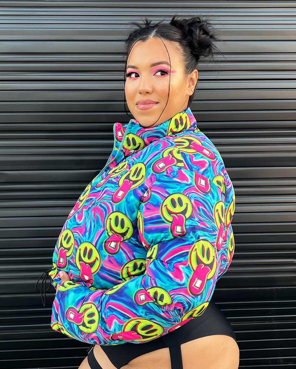 Happy Hour Cropped Puffer Jacket-Curve1-Blue/Pink/Yellow-Side--Silvia---2XL