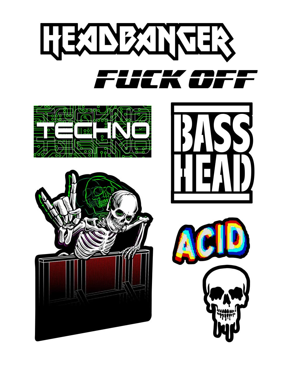 Hardcore Headbanger Sticker Pack-Black/Grey/White-Front