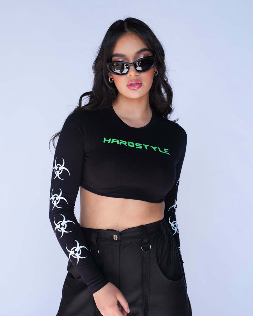 Hardstyle Hottie Long Sleeve Crop Top-Black/Green/White-Front--Amber---S