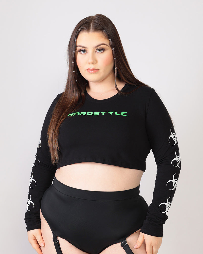 Hardstyle Hottie Long Sleeve Crop Top-Curve1-Black/Green/White-Front--Milani---1X