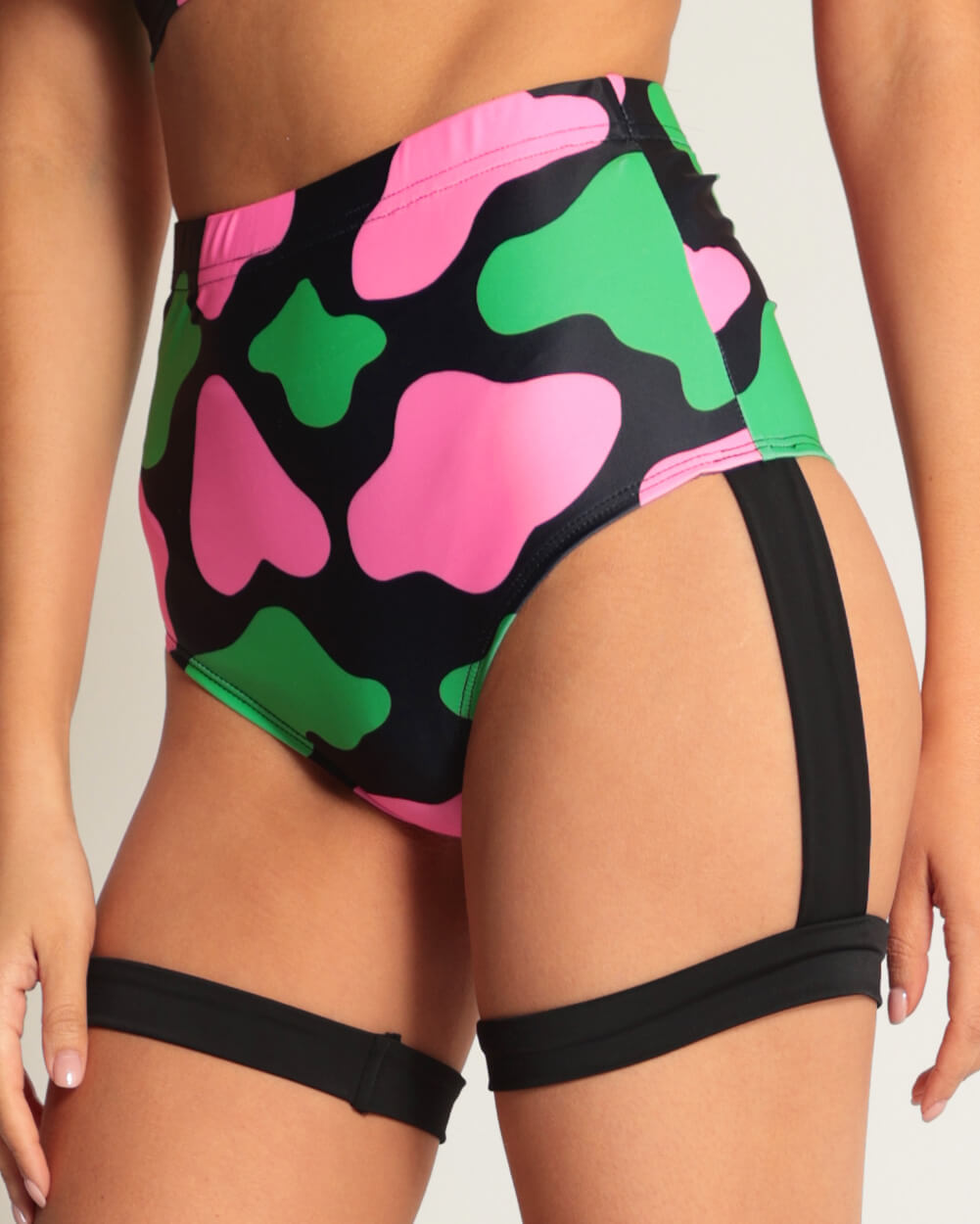 Hay There Cow Print Harness Booty Shorts-Green/Pink-Side--Sami---S