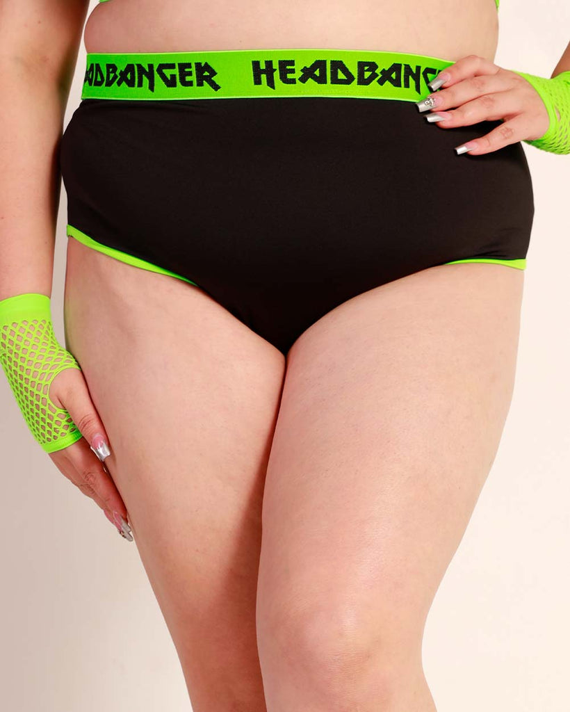 Headbanger Forever Booty Shorts-Black/Neon Green-Curve1-Front--Bailey---1X