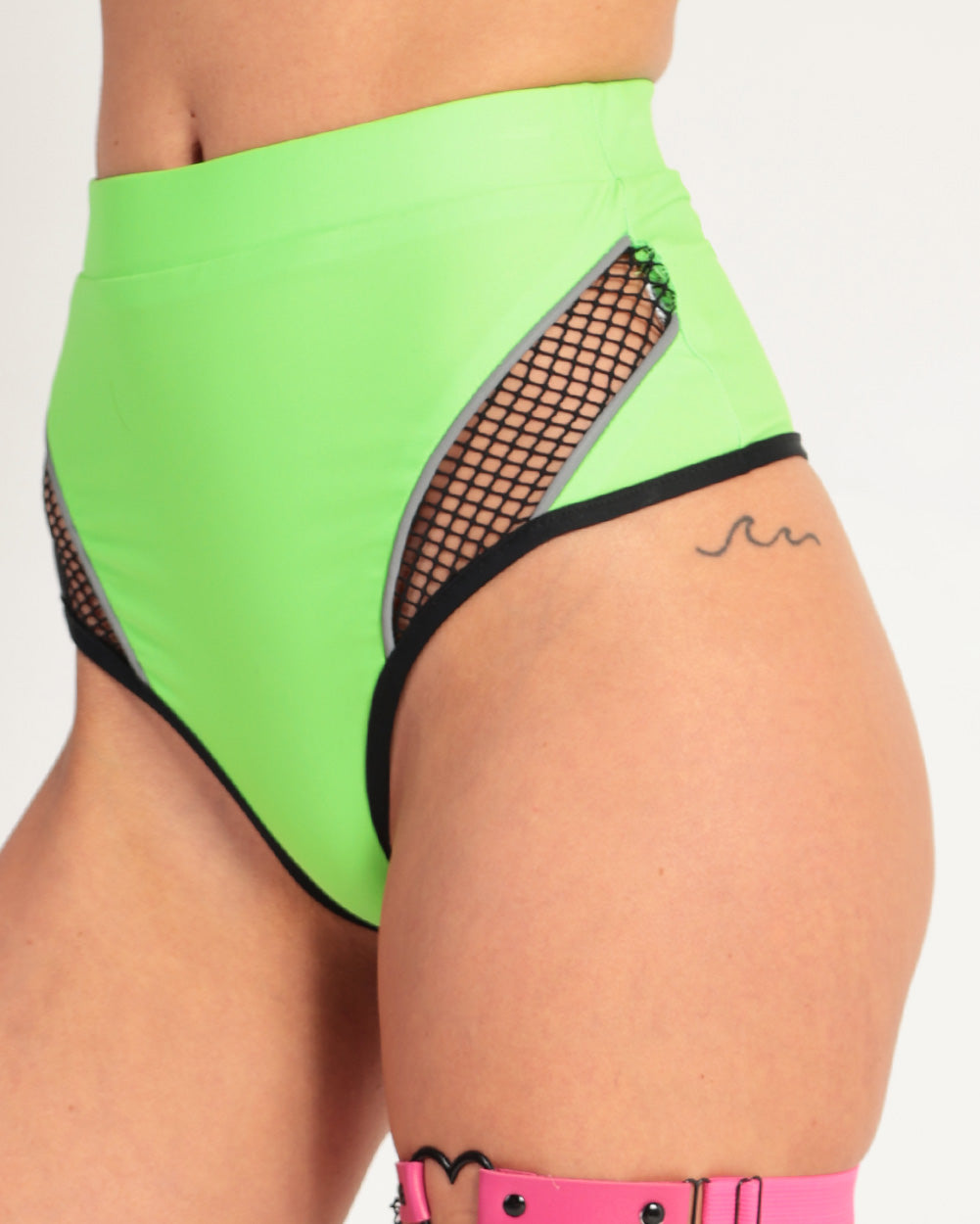 High Frequency Reflective Booty Shorts-Black/Neon Green-Side--Hannah---S