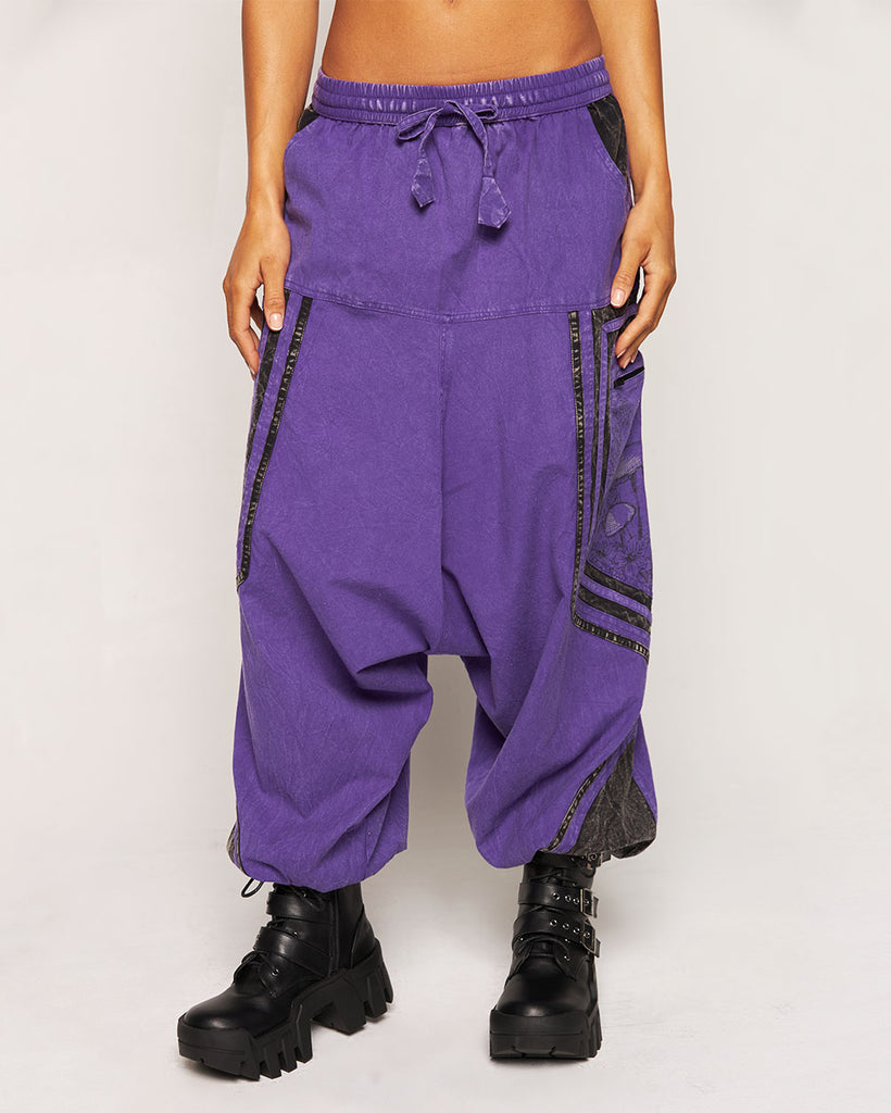 Highly Philosophical Unisex Harem Pants-Black/Purple-Regular-Front 2--Courtney---S-M