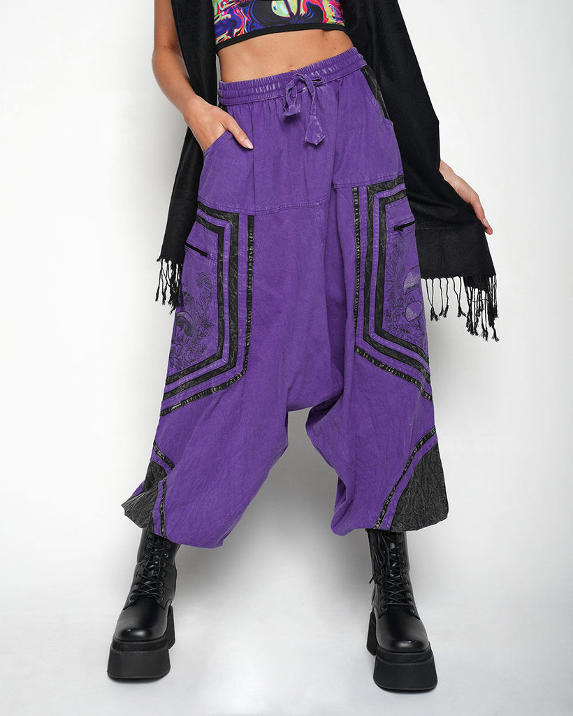 Highly Philosophical Unisex Harem Pants-Black/Purple-Regular-Front--Liberty---S-M