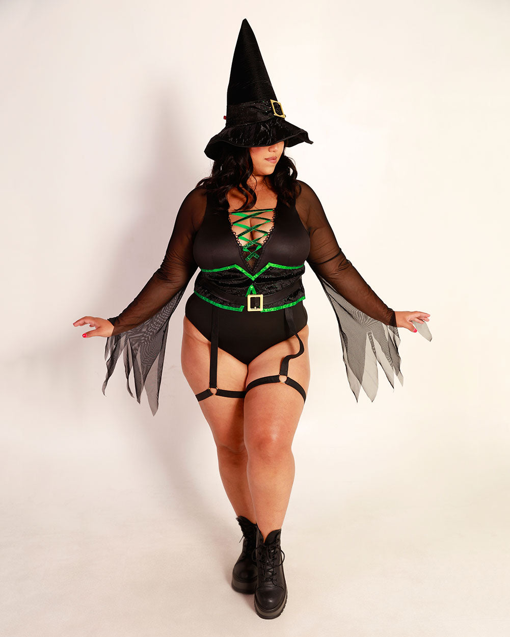Hocus Pocus Witch Costume Set-Curve1-Black/Neon Green-Full--Silvia---1X-2X