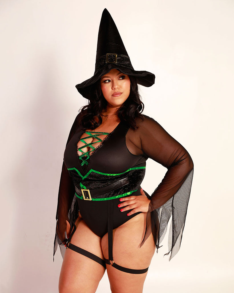 Hocus Pocus Witch Costume Set-Curve1-Black/Neon Green-Side--Silvia---1X-2X