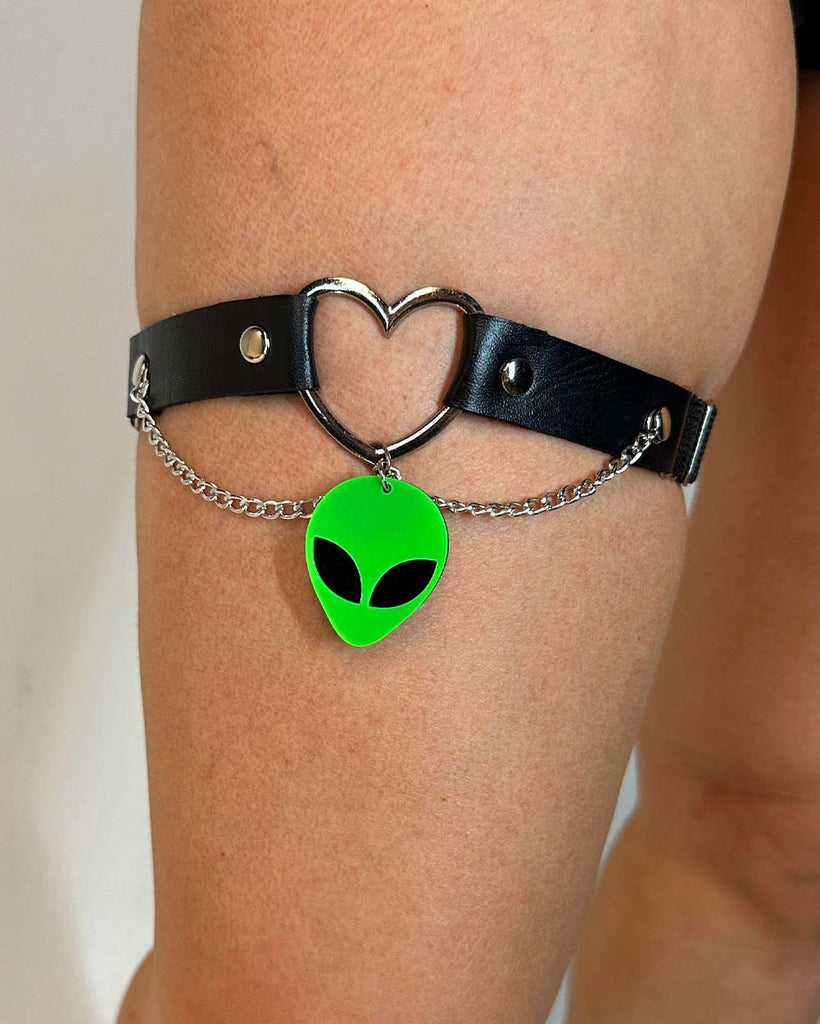 Spooky Neon Alien Chain Leg Garter-Black/Neon Green-Front