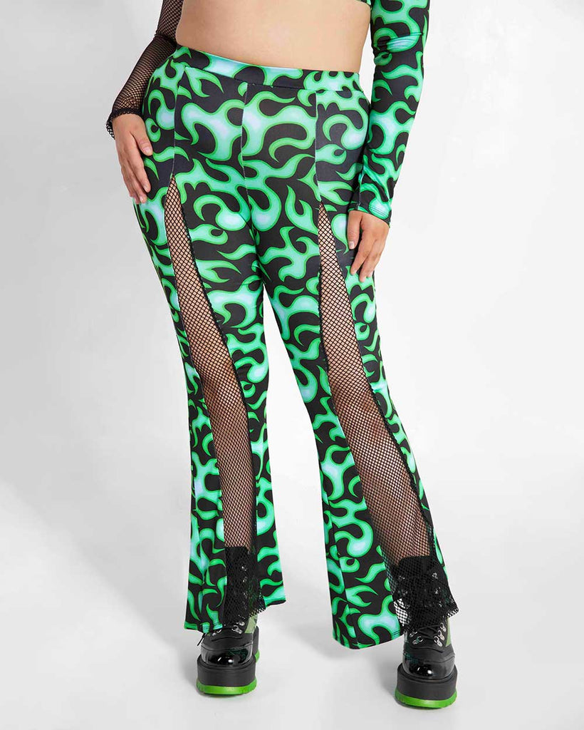 Ignite My Fire Fishnet Bell Bottom Pants-Curve1-Black/Neon Green-Front--Bailey---1X