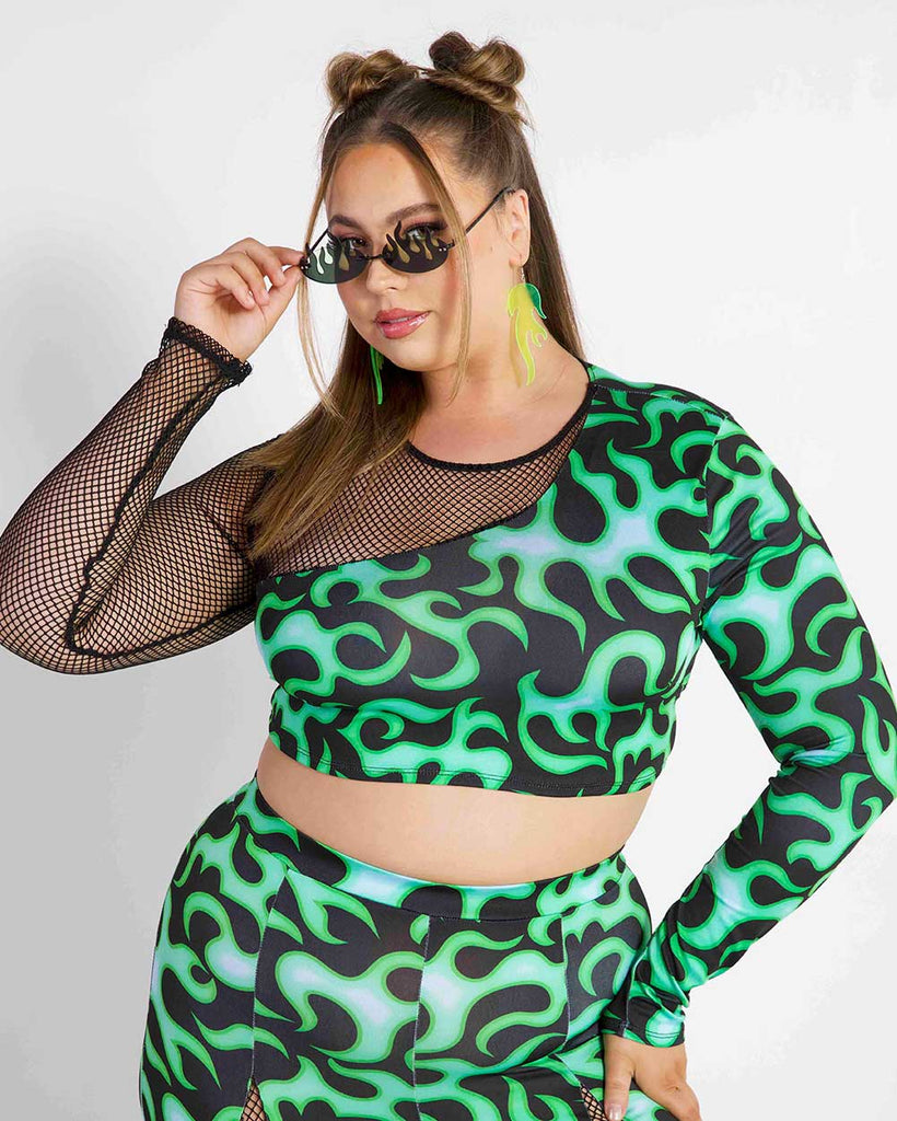 Ignite My Fire Long Sleeve Fishnet Crop Top-Curve1-Black/Neon Green-Front--Bailey---1X