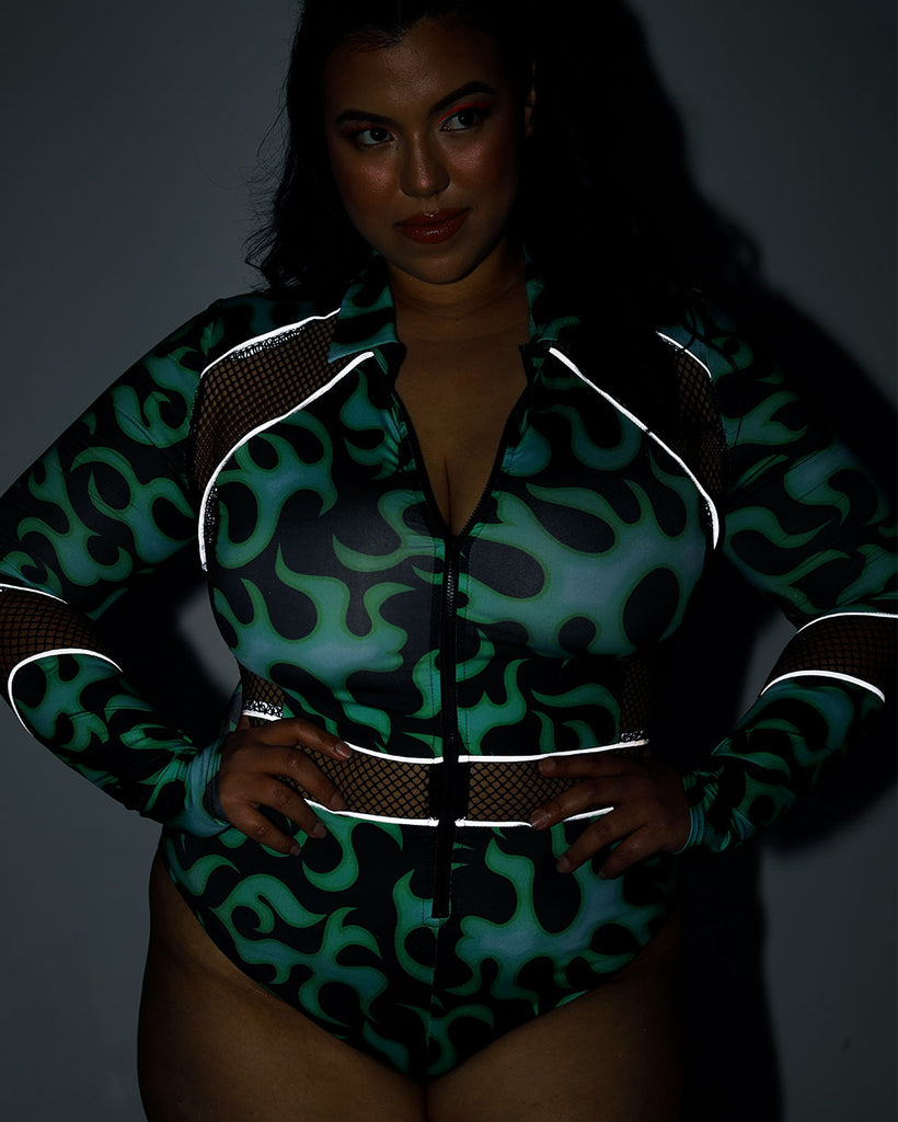 Ignite My Fire Fishnet Bodysuit-Black/Neon Green-Curve1-Reflective--Silvia---1X
