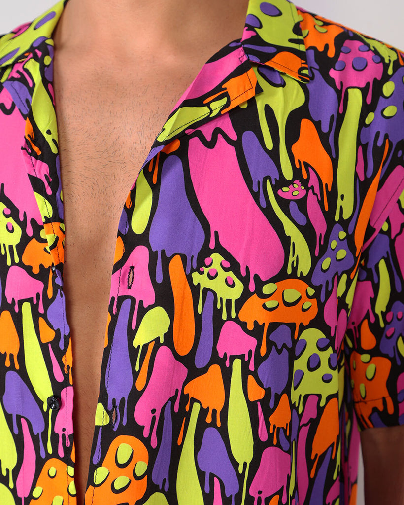 Kool Shrooms Men's Camp Shirt-Black/Green/Pink/Purple-Detail--Milo---L