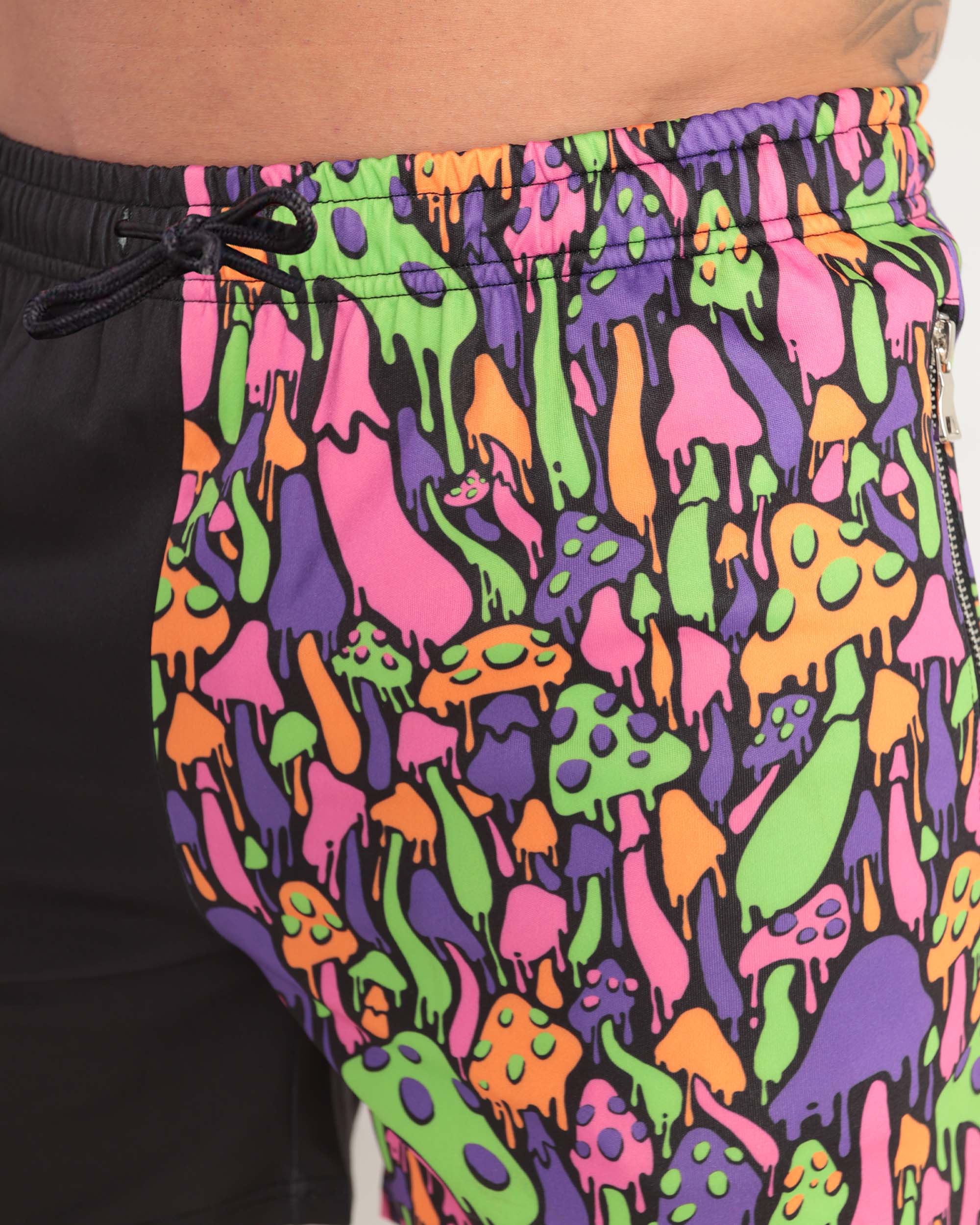 Kool Shrooms Spliced Shorts-Black/Green/Pink/Purple-Detail