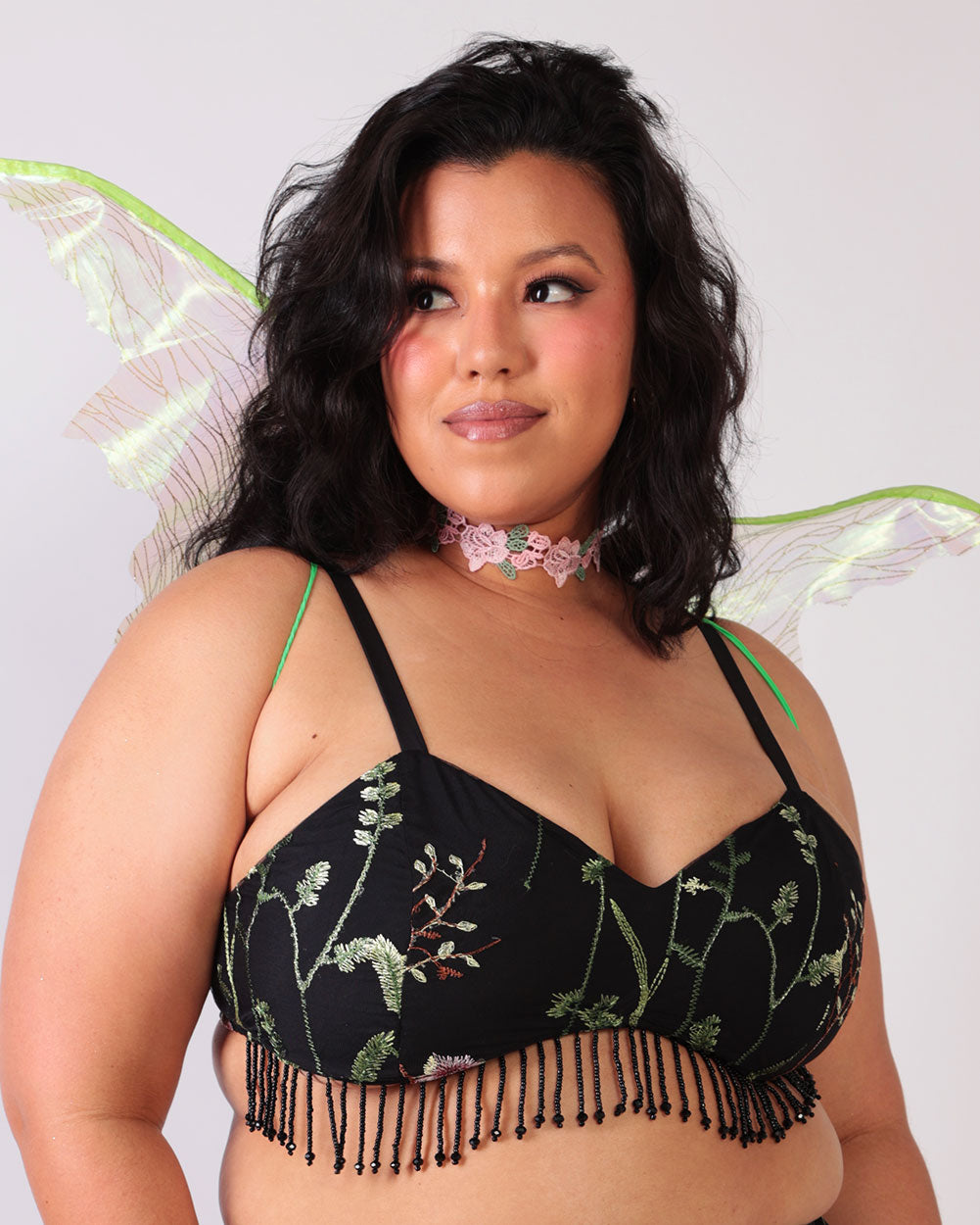 Lace Flowerfields Beaded Bralette-Black/Green-Curve1-Front--Silvia---1X