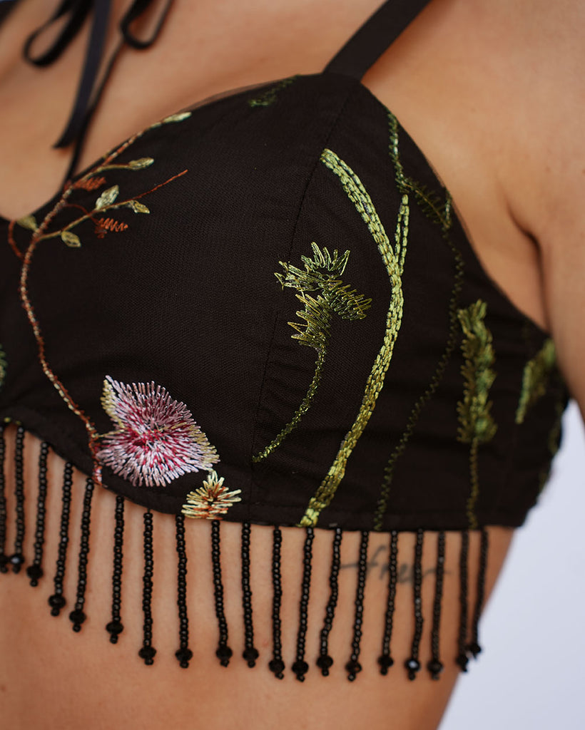 Lace Flowerfields Beaded Bralette-Black/Green-Detail--Liberty---S