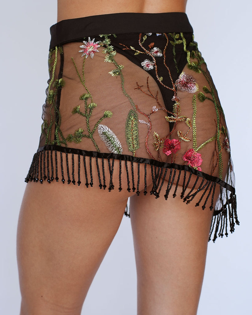 Lace Flowerfields Beaded Mini Skirt-Black/Green-Back2--Liberty---S