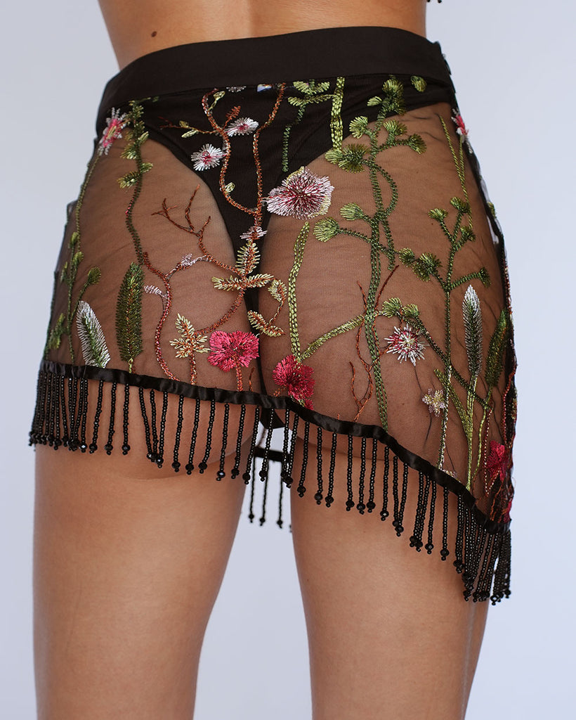 Lace Flowerfields Beaded Mini Skirt-Black/Green-Back--Liberty---S