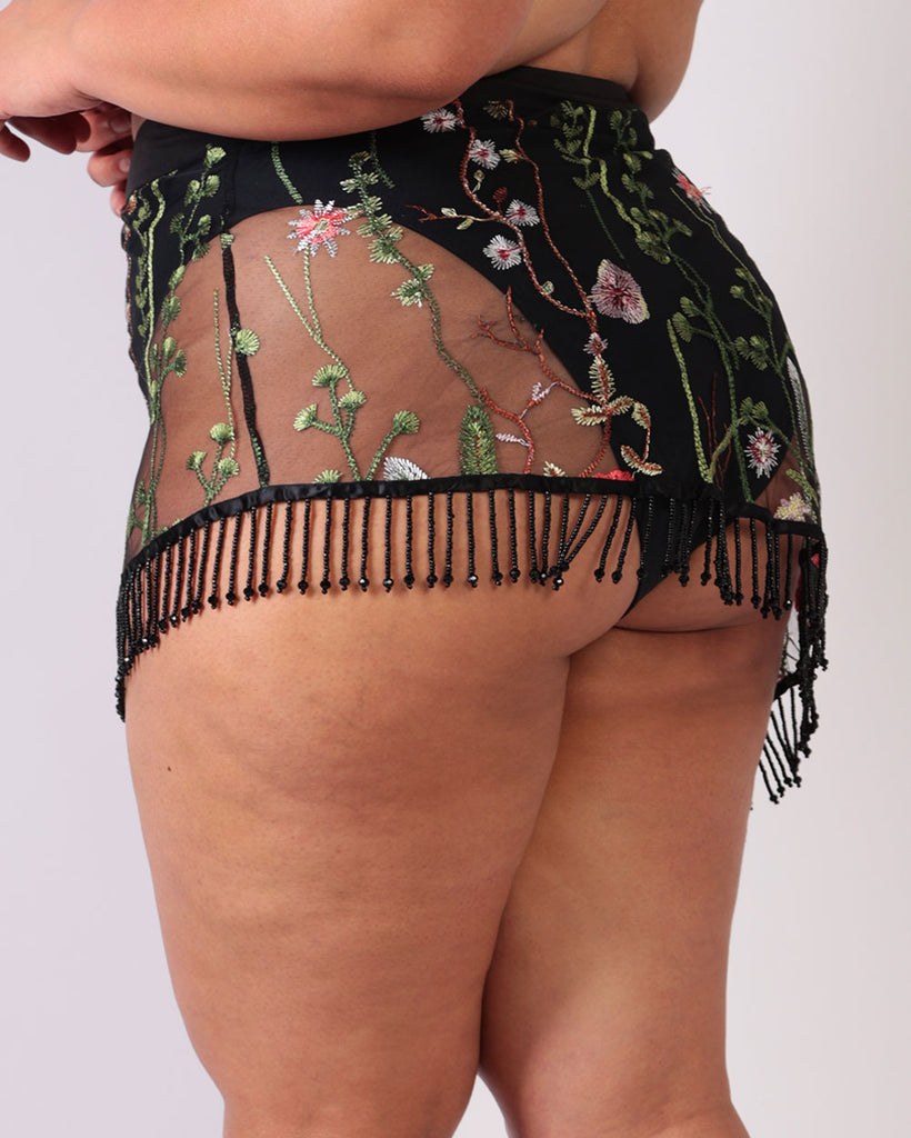 Lace Flowerfields Beaded Mini Skirt-Black/Green-Curve1-Back--Silvia---1X