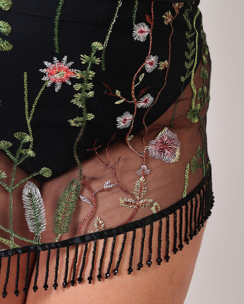 Lace Flowerfields Beaded Mini Skirt-Black/Green-Curve1-Detail--Silvia---1X