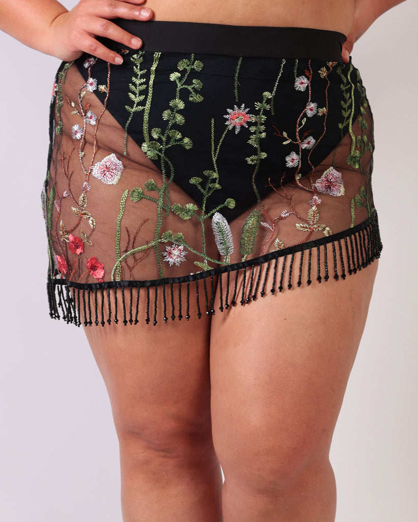 Lace Flowerfields Beaded Mini Skirt-Black/Green-Curve1-Front--Silvia---1X