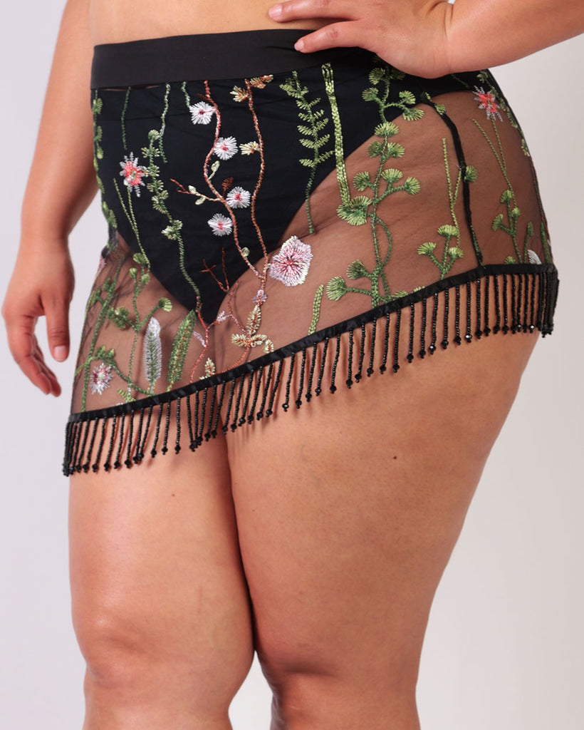 Lace Flowerfields Beaded Mini Skirt-Black/Green-Curve1-Side--Silvia---1X