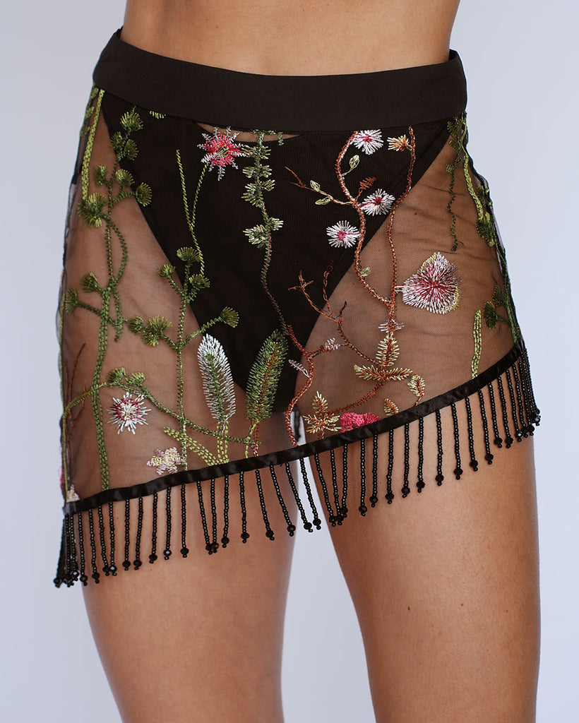 Lace Flowerfields Beaded Mini Skirt-Black/Green-Front--Liberty---S
