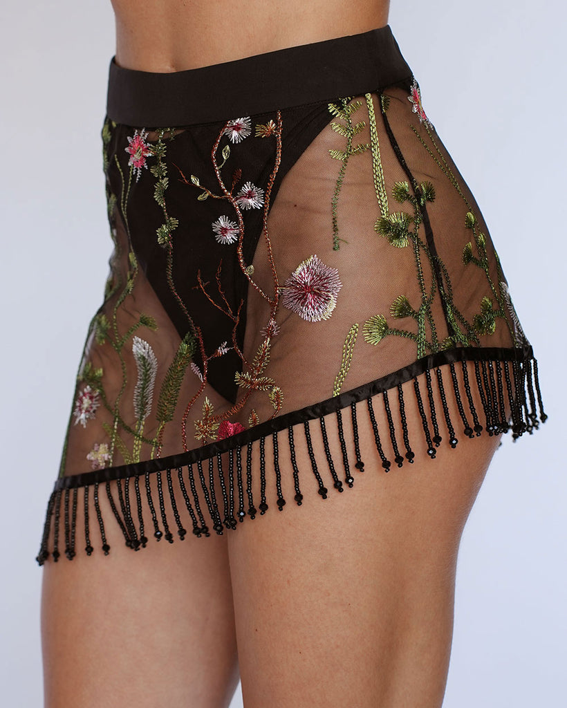 Lace Flowerfields Beaded Mini Skirt-Black/Green-Side--Liberty---S