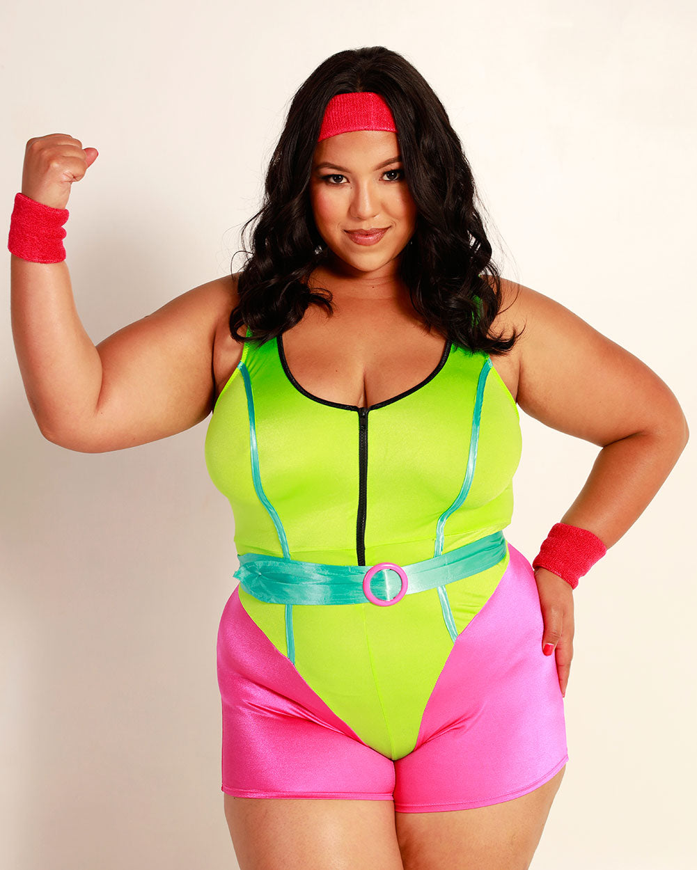 Let's Get Physical Workout Costume Set-Curve1-Blue/Green/Pink-Front--Silvia---1X-2X