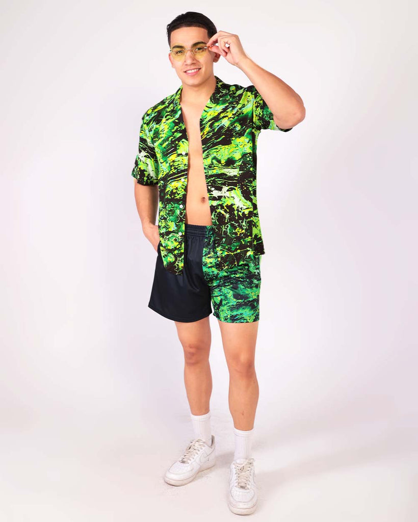 Liquid Toxin Men's Camp Shirt-Black/Neon Green-Regular-Full--Raine---L