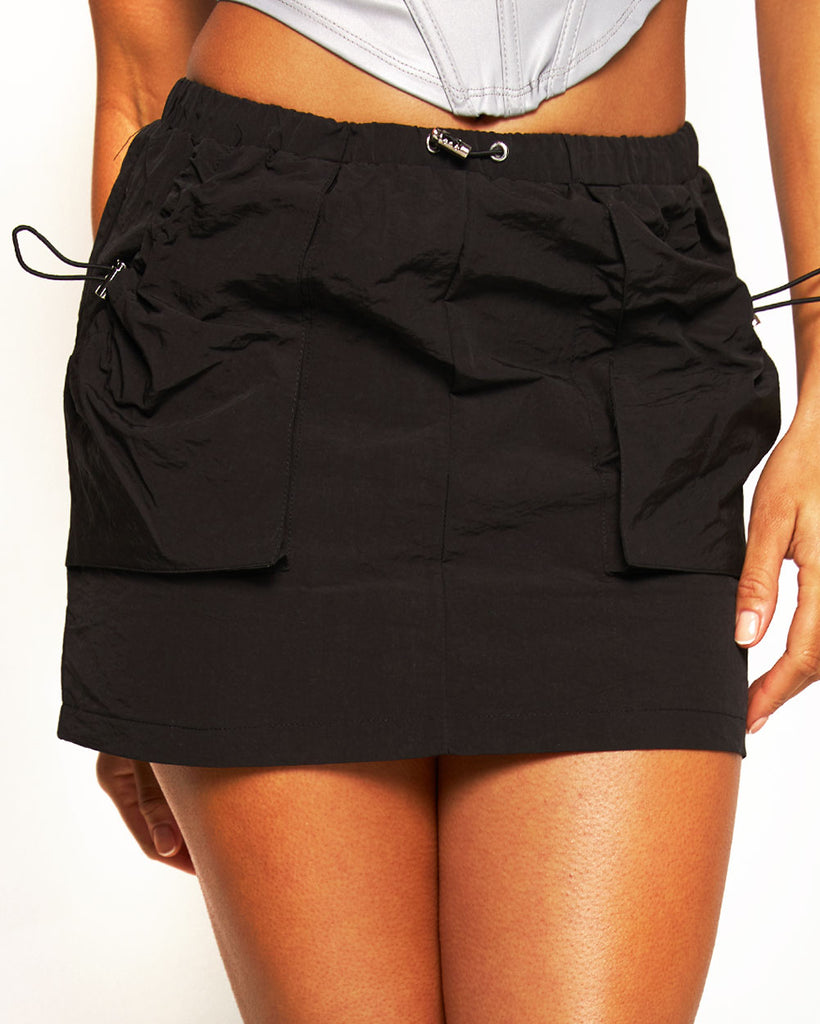 Model Off Duty Cargo Mini Skirt-Black-Regular-Front--Courtney---S