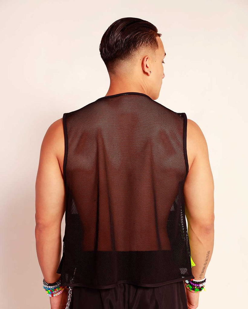 Neon Rebellion Men's Fishnet Vest with Pocket-Black-Back--Raine