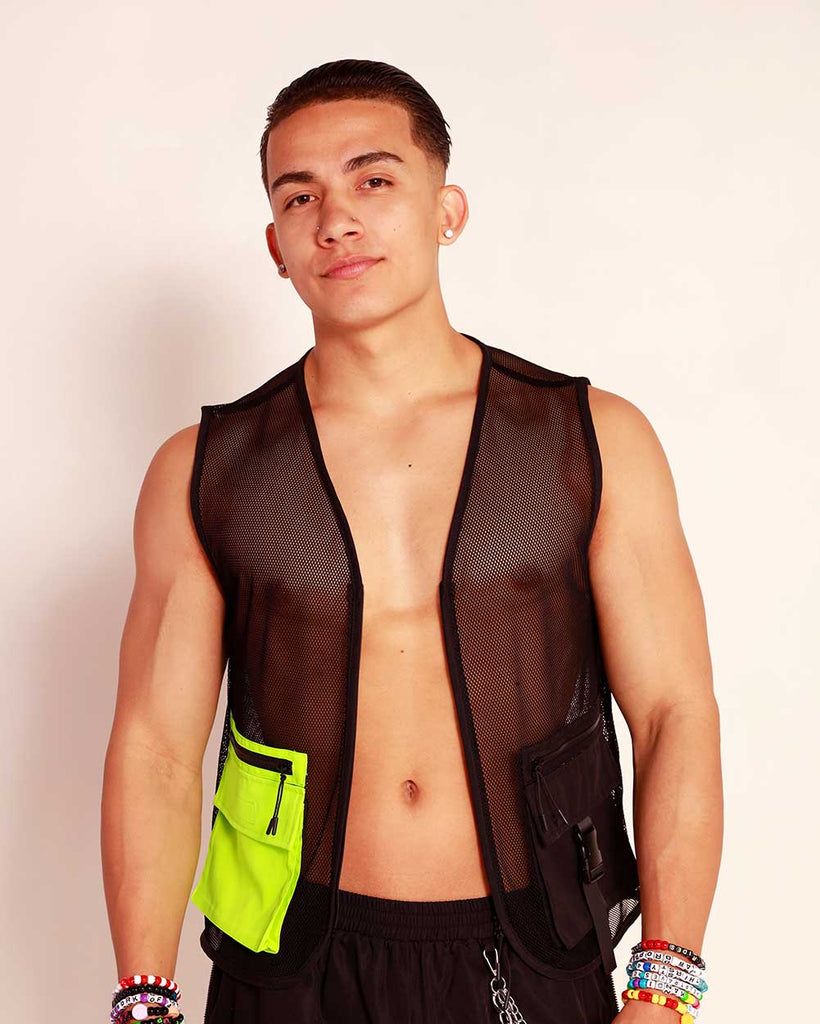 Neon Rebellion Men's Fishnet Vest with Pocket-Black-Front--Raine
