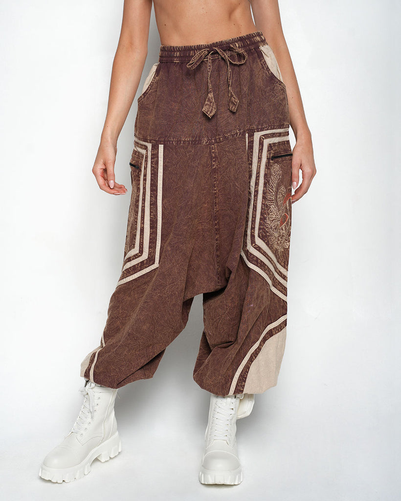 No Thoughts Just Vibes Unisex Harem Pants-Brown-Regular-Front--Liberty---S-M